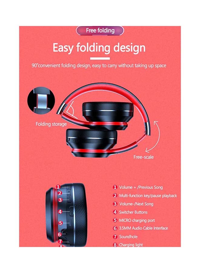 سماعة رأس بتصميم يغطي الأذن مزودة بخاصية البلوتوث طراز HD200 أسود/أحمر