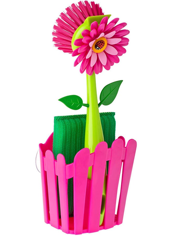 فايجر طقم علب تخزين لور باور للمغسلة من 3 قطع، فرشاة أطباق على شكل زهرة الأقحوان وإسفنجة وحامل على شكل سياج مع أداة امتصاص للتثبيت على الحائط متعددة الألوان 24.9 x 6.6 x 10.9سم - Image 1