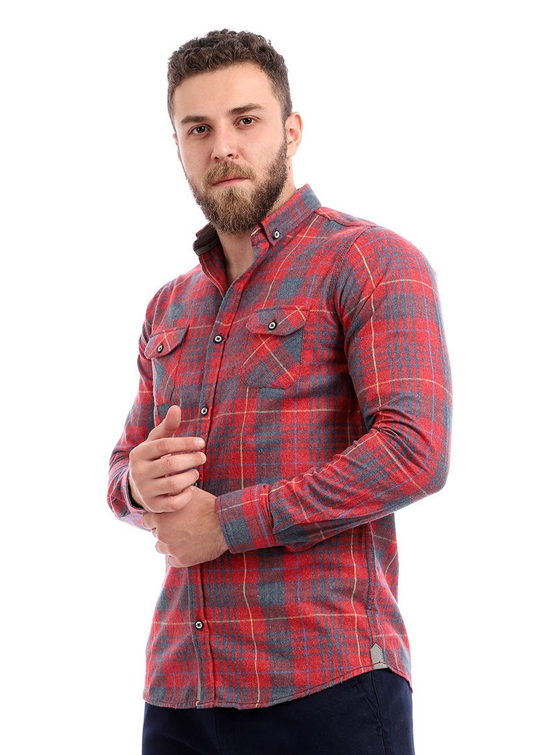 Andora - Casual Stripes Shirt Collared Neck Long Sleeve Maroon - Image 1