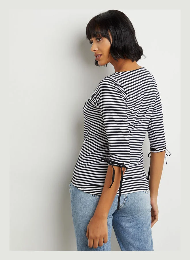 Miss Chase Striped Three-Quarter Sleeve Top Monochrome