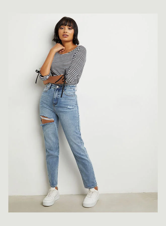 Miss Chase Striped Three-Quarter Sleeve Top Monochrome