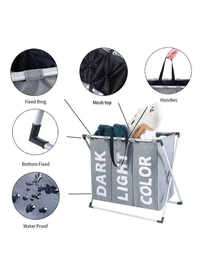 Three Compartment Foldable Laundry Basket Grey 62x37x58cm - Image 5