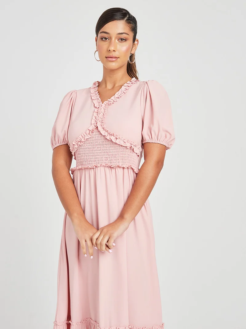 Closet By Styli Puff Sleeves Ruffle Detail Woven A-Line Midi Dress Pink