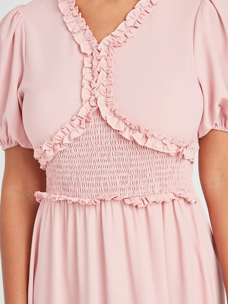 Closet By Styli Puff Sleeves Ruffle Detail Woven A-Line Midi Dress Pink