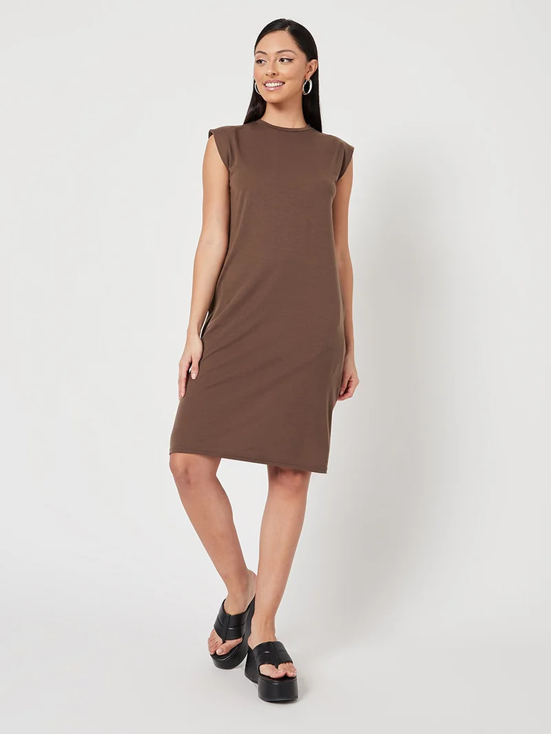 Closet By Styli Padded Shoulder T-Shirt Knee Length Dress Coffee
