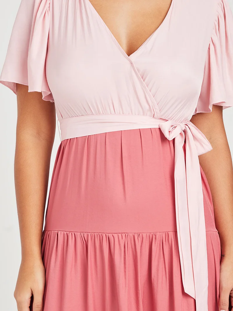 Closet By Styli Flute Sleeves Colourblock Tiered Midi Dress Pink