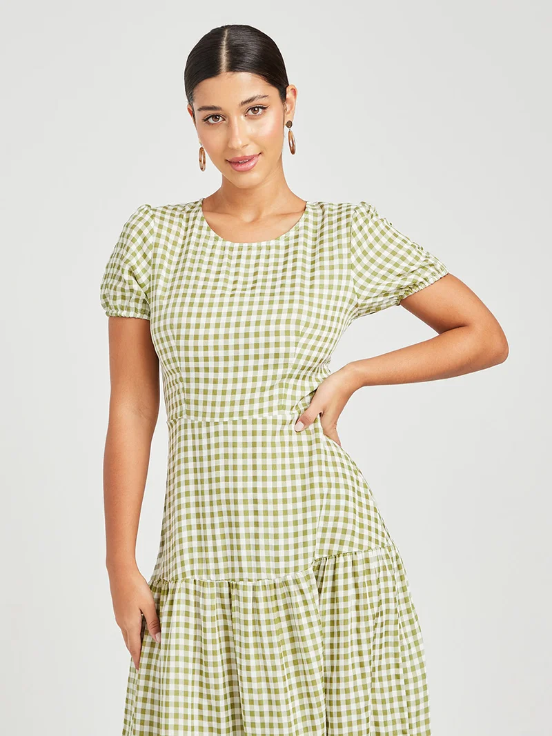 Closet By Styli Gingham Checked Tiered A-Line Maxi Dress Green