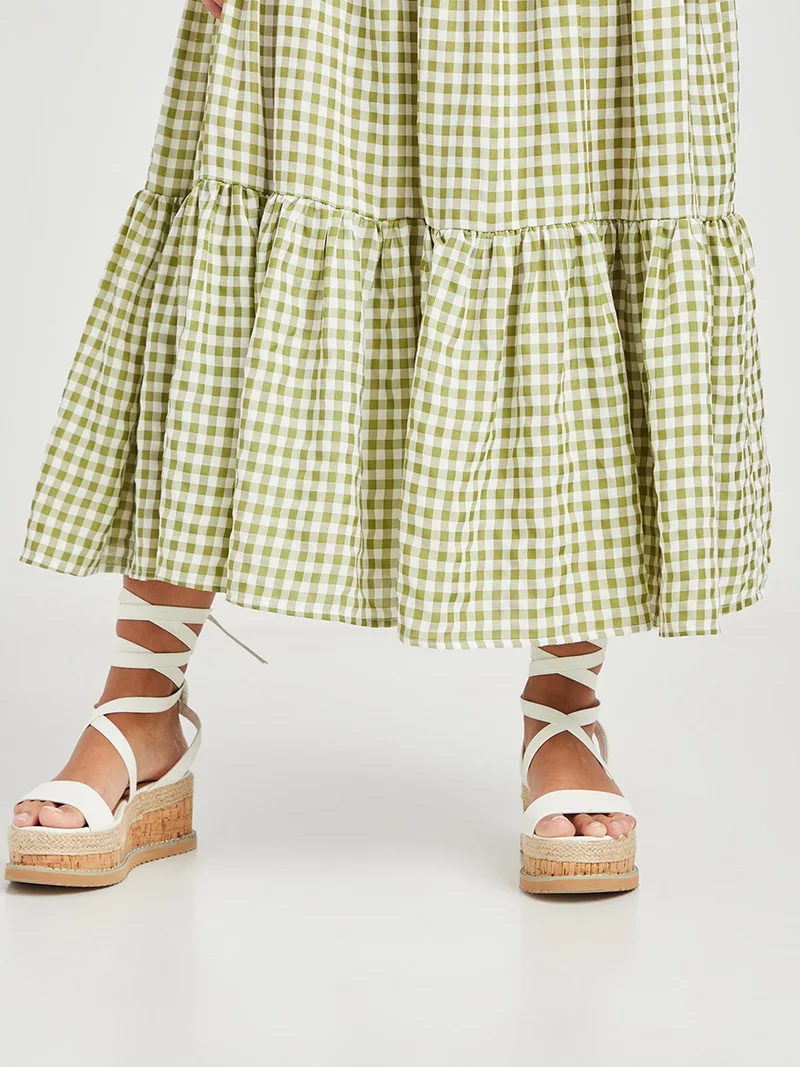 Closet By Styli Gingham Checked Tiered A-Line Maxi Dress Green