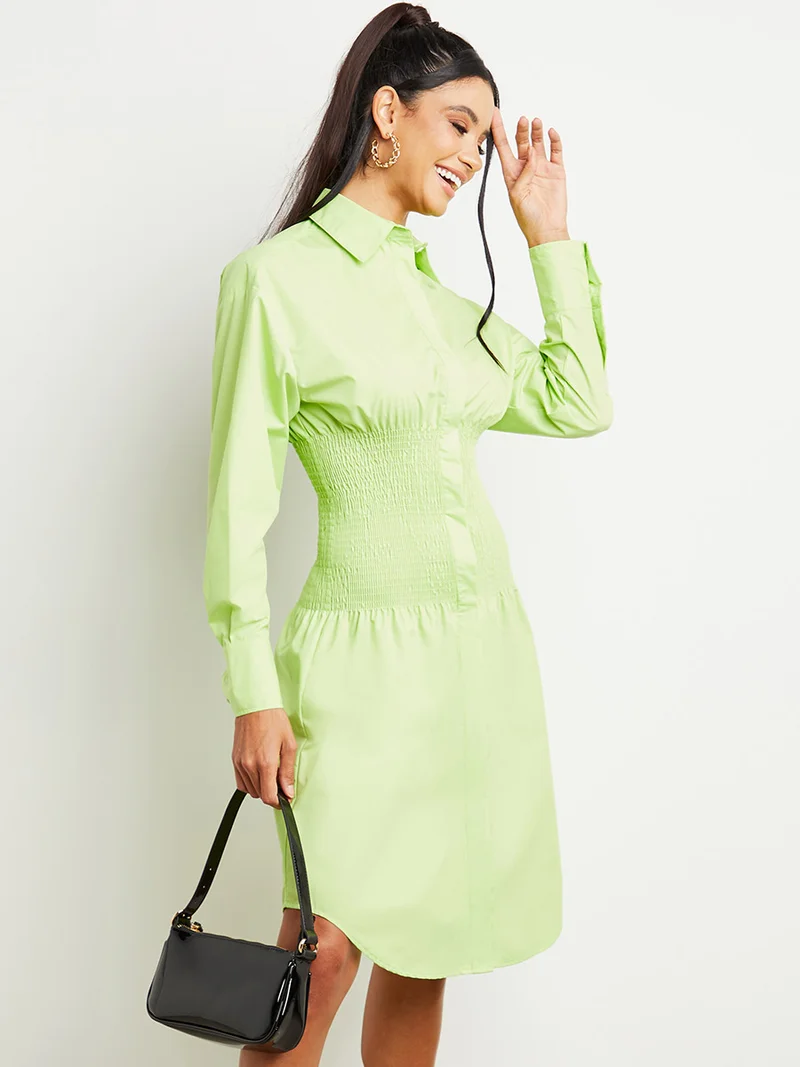 Closet By Styli Shirred Waist Concealed Button Shirt Midi Dress Green