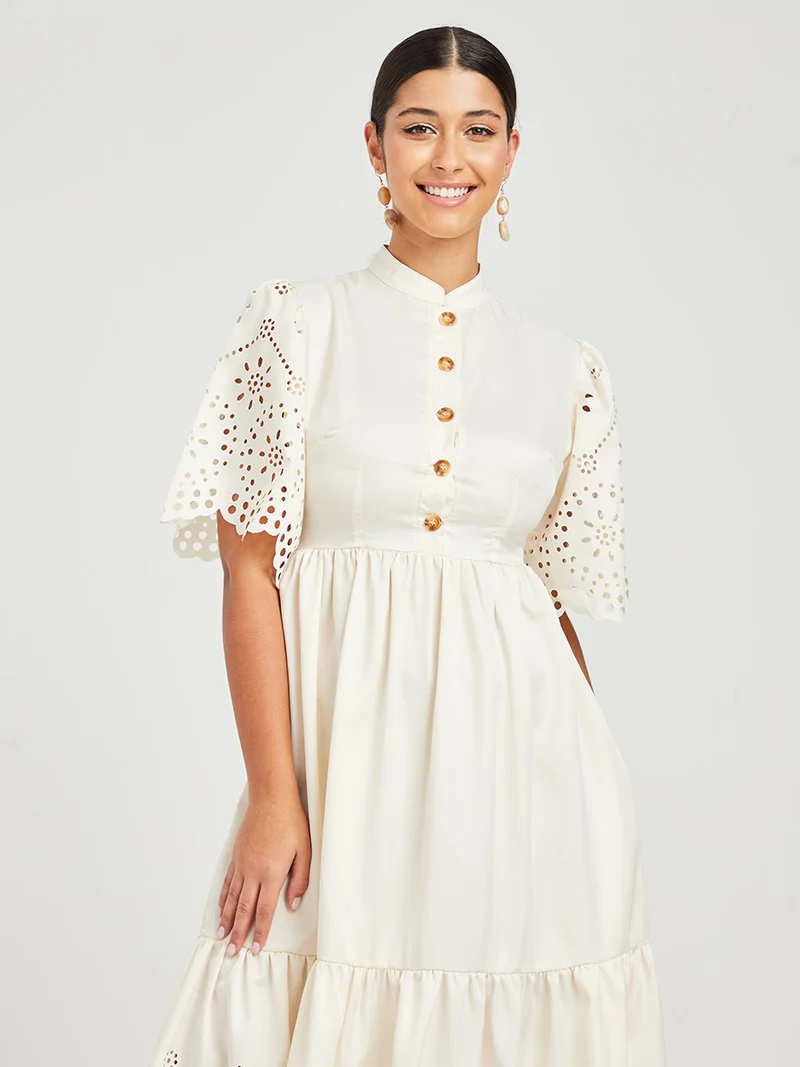 Closet By Styli Flare Sleeve Button Closure Schiffli Tiered A-Line Midi Dress White