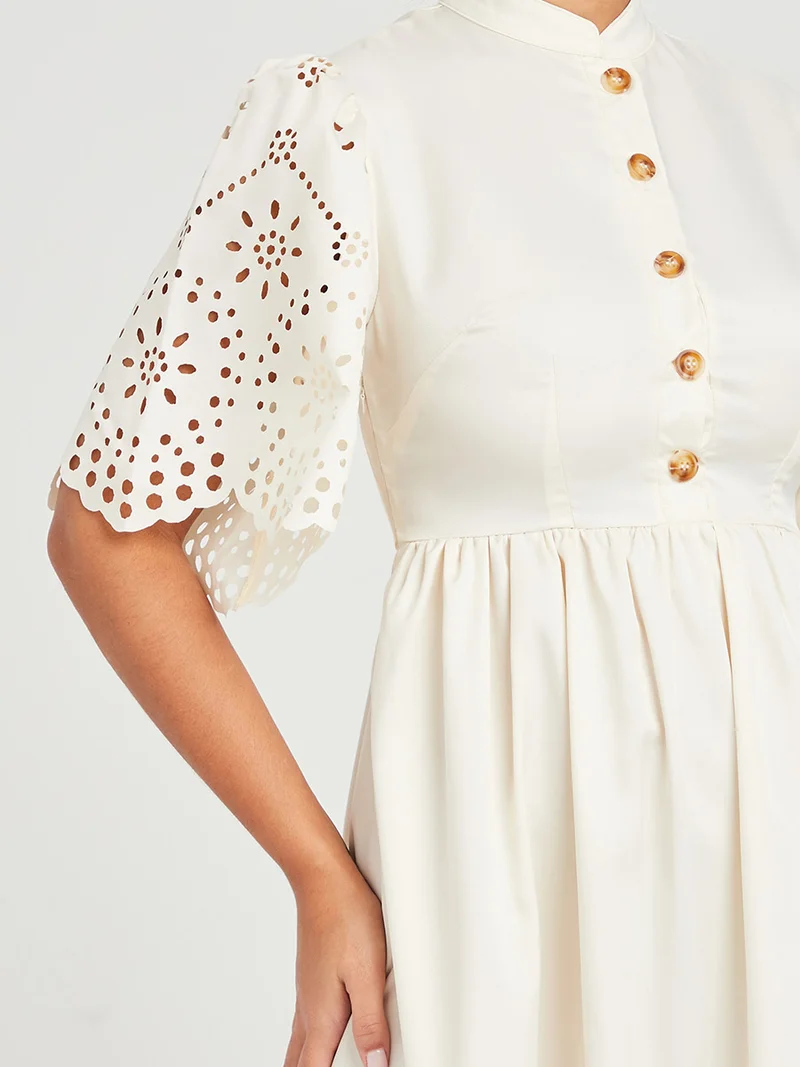 Closet By Styli Flare Sleeve Button Closure Schiffli Tiered A-Line Midi Dress White