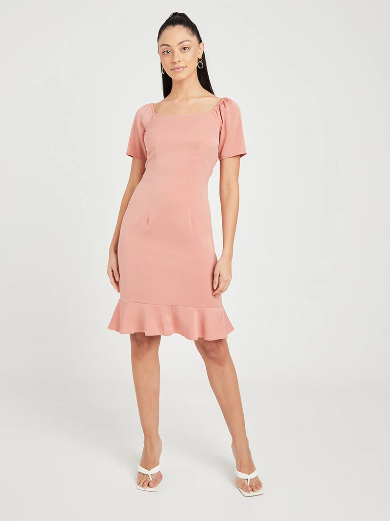 Closet By Styli Square Neck Ruffle Hem Dress Peach