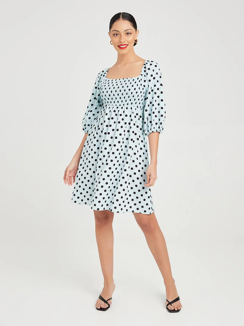 Closet By Styli Shirred Detail Polka Dot Smock Mini Dress Blue/Black