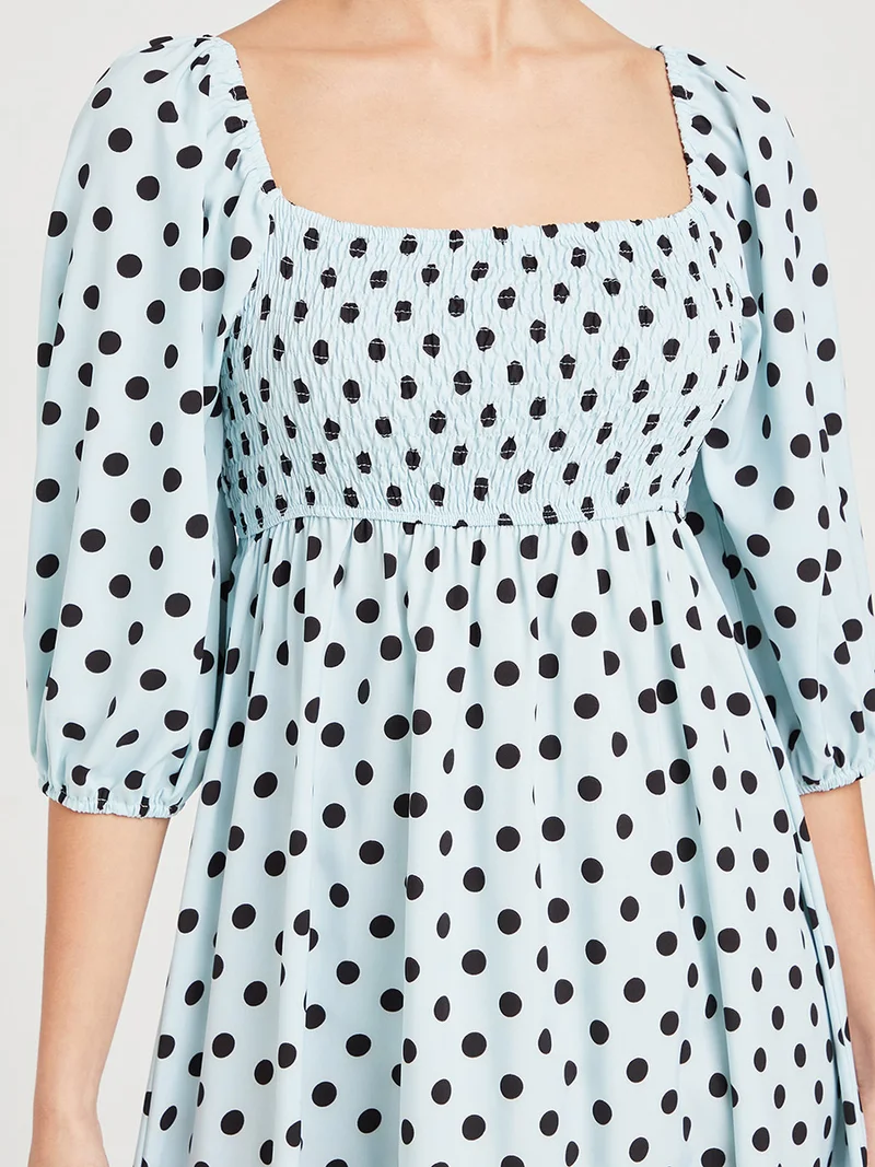 Closet By Styli Shirred Detail Polka Dot Smock Mini Dress Blue/Black