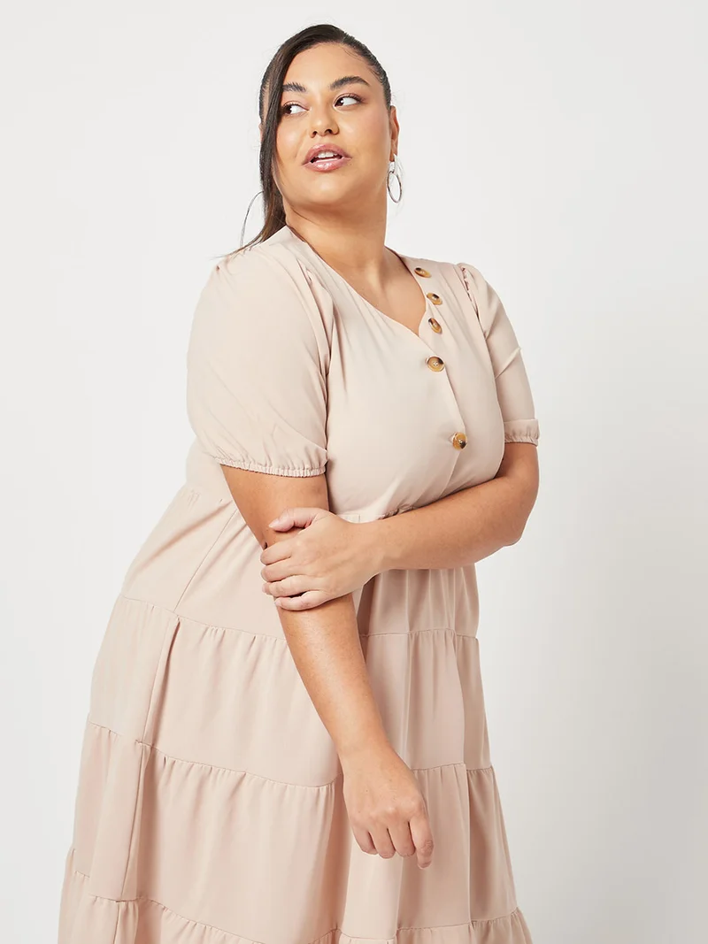 Closet By Styli Button Detail Tiered Midi Dress Plus Size Beige