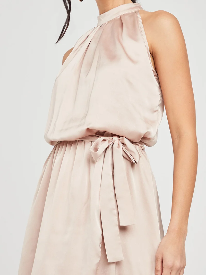 Closet By Styli Halter Neck A-Line Midi Dress Beige