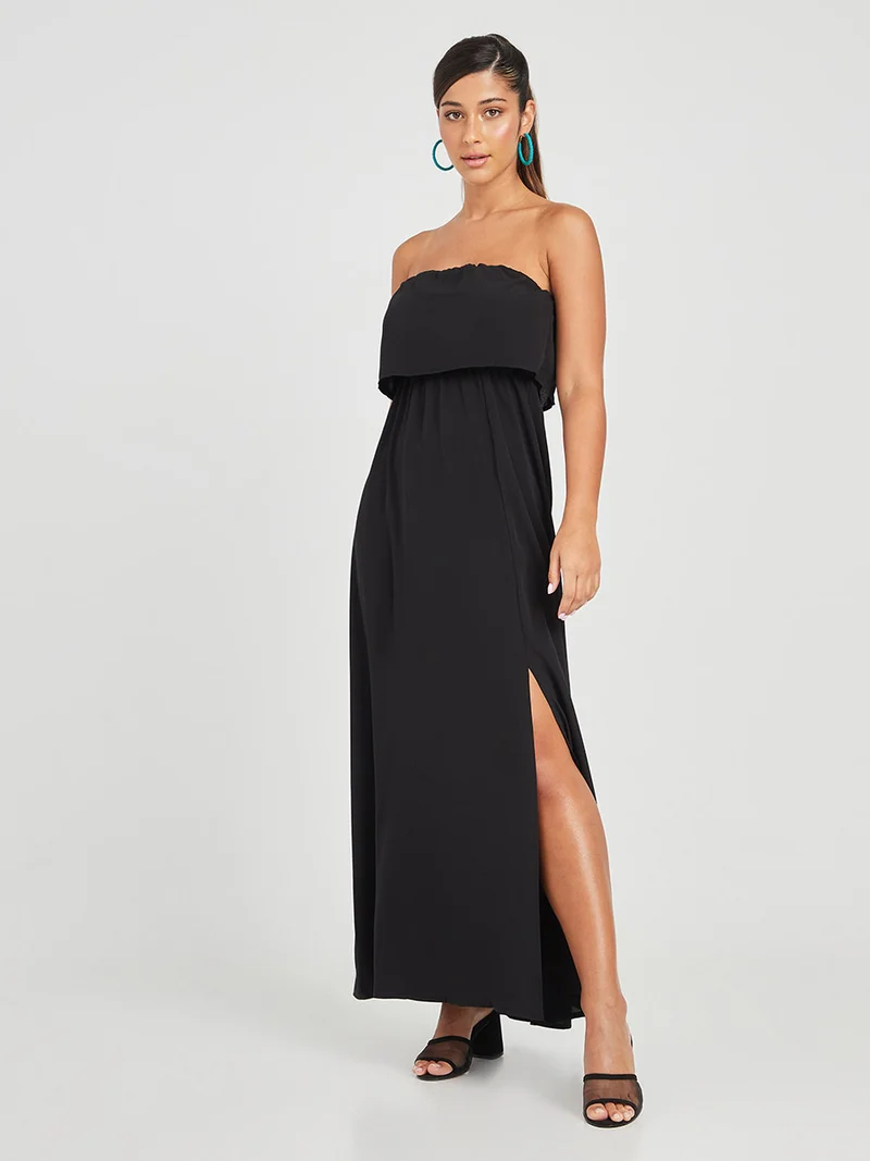 Closet By Styli Strapless Bardot Neck Plain A-Line Front Slit Maxi Dress