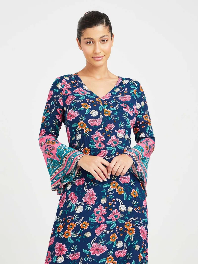 Closet By Styli Bell Sleeves Floral Print Woven A-Line Maxi Dress Multicolour