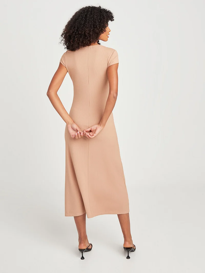 Closet By Styli Split Hem Detail Bodycon Midi Dress Beige