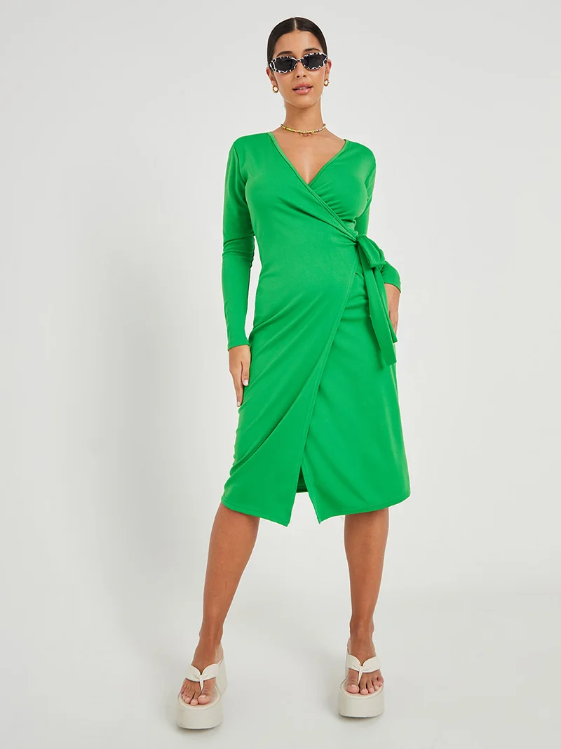 Closet By Styli Wrap Around Knee Length Dress Green