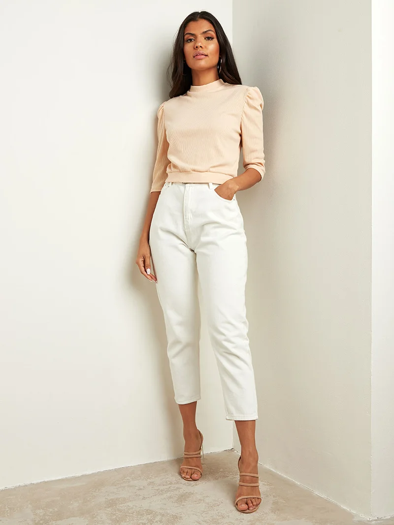 Closet By Styli Ribbed High Neck Slim Fit T-Shirt Beige