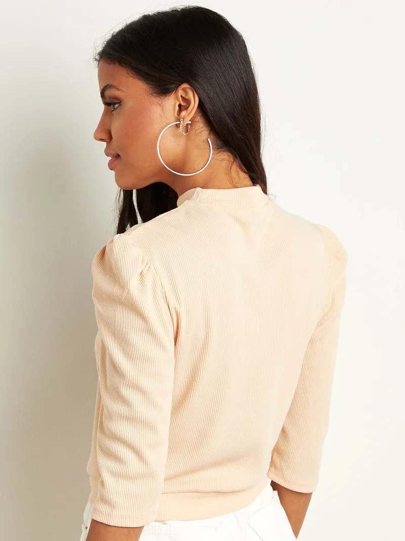 Closet By Styli Ribbed High Neck Slim Fit T-Shirt Beige