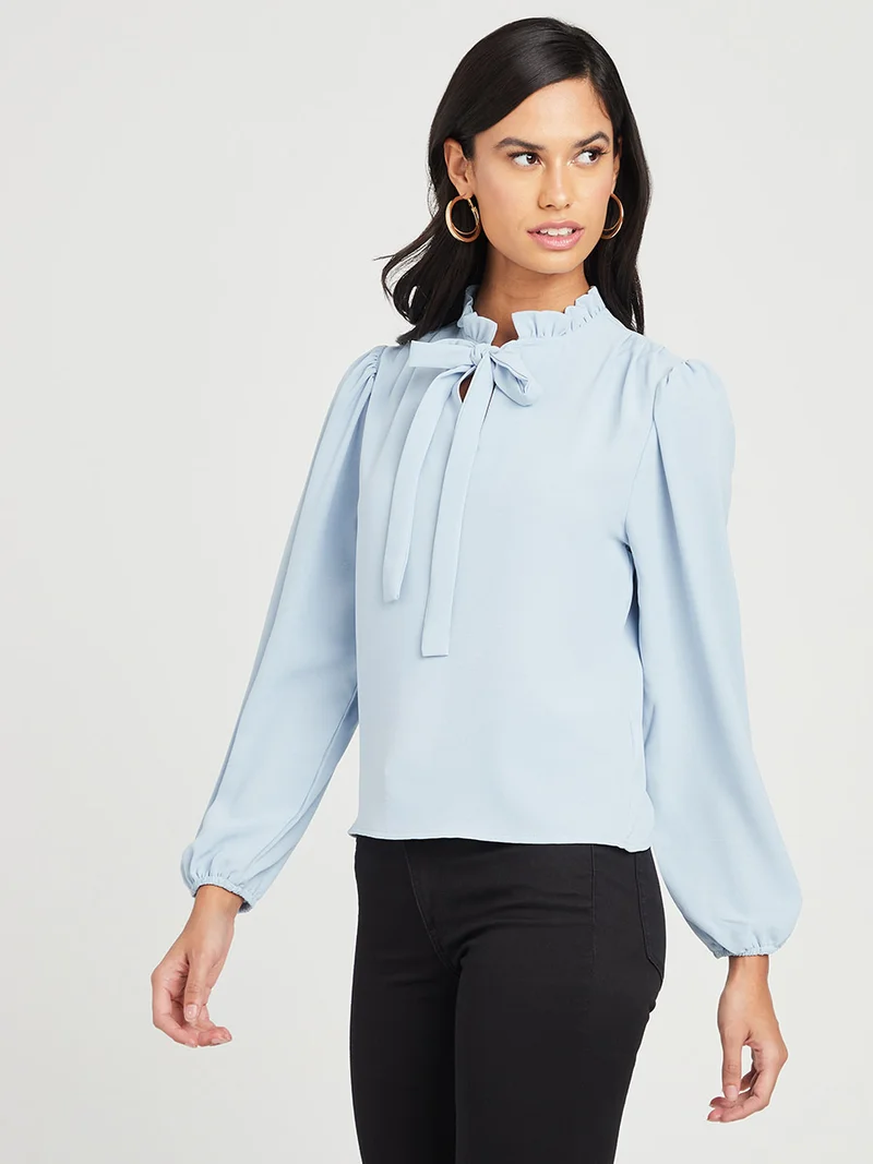 Closet By Styli Bow Ruffle Neck Detail Top Blue