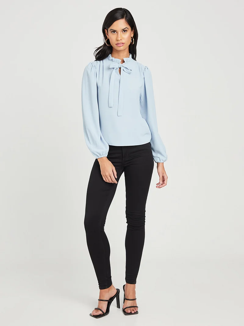 Closet By Styli Bow Ruffle Neck Detail Top Blue