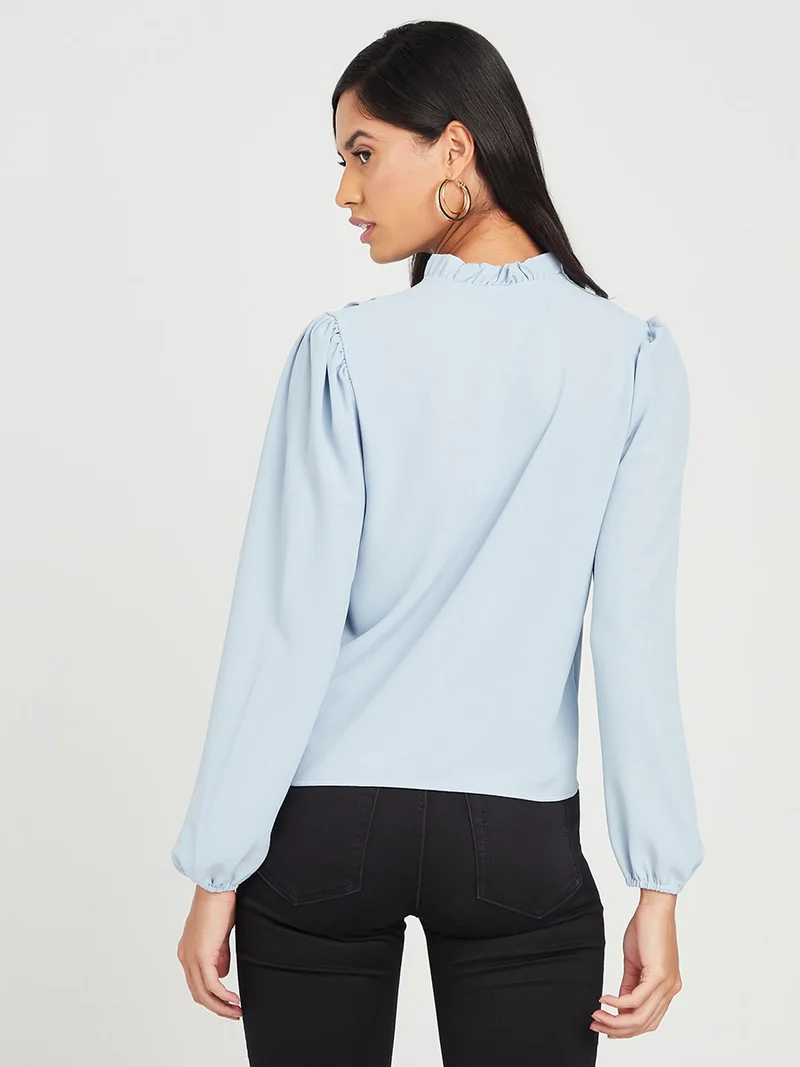 Closet By Styli Bow Ruffle Neck Detail Top Blue