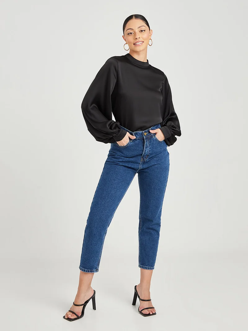 Closet By Styli Extreme Balloon Sleeve High Neck Top Black