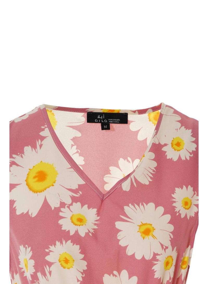 Aila Women'S Casual Knee Length Short Sleeve Floral Dress Pink/White  - Image 5