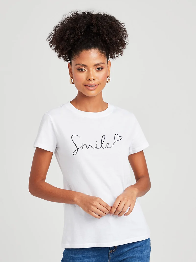 Closet By Styli Smile Slogan Print Regular Fit T-Shirt White