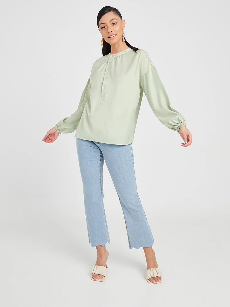 Closet By Styli Front Placket Woven Regular Tunic Light Green