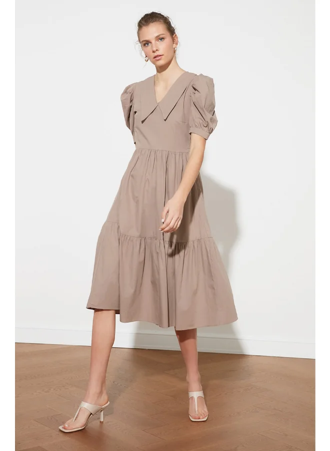 trendyol Puff Sleeves Collared Neck Tiered Midi Dress Beige