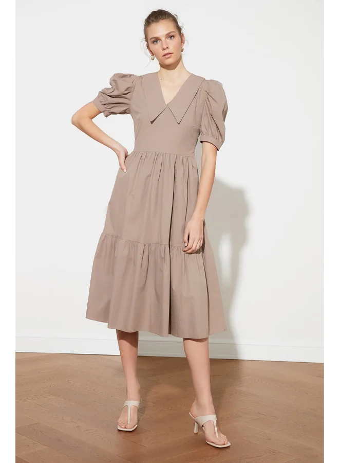 trendyol Puff Sleeves Collared Neck Tiered Midi Dress Beige