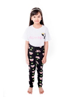 Miss London Drawstring Printed Pyjama Black/White/Green  - Image 1