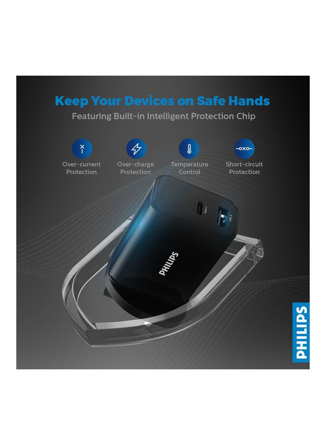 Philips 30W Dual Port Wall Charger With USB-C And USB-A Ports, Compact Adapter, Rapid Charging For iPhone, Android, Tablets, Smartwatches - Black  - Image 4
