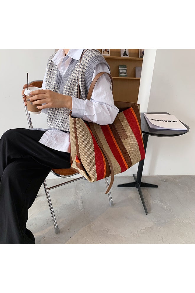 Big Bag Contrast Color Portable Shoulder Bag Multicolour  - Image 5