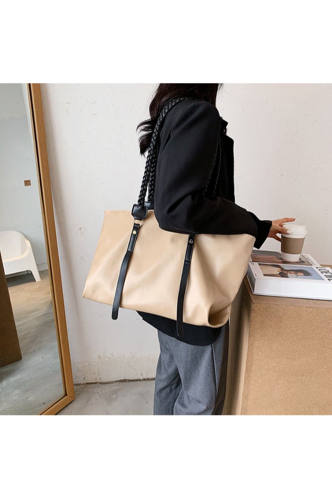 Big Tote Bag Trendy Large Capacity Bag Light Brown/Black  - Image 2