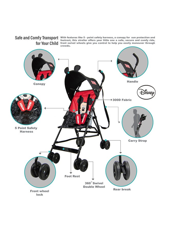 Disney - Mickey Mouse 3D Ears Lightweight Buggy Stroller 3 - 36 Months, Pink, Rear Breaks, Shoulder Strap - Image 1