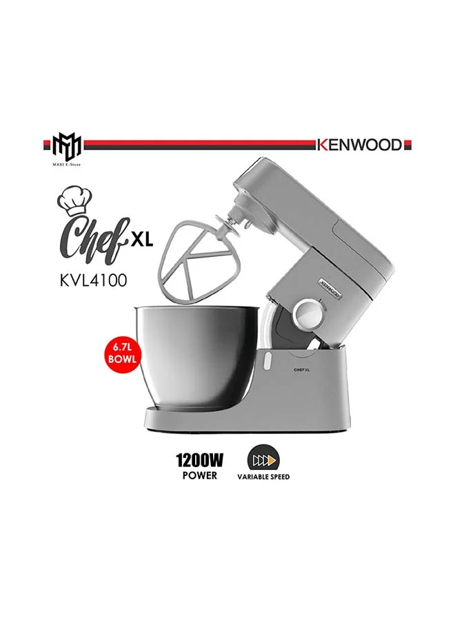 KENWOOD Stand Mixer Kitchen Machine Chef XL  With  Stainless Steel Bowl, K-Beater, Whisk, Dough Hook, Blender 6.7 L 1200 W KVL4110S Grey