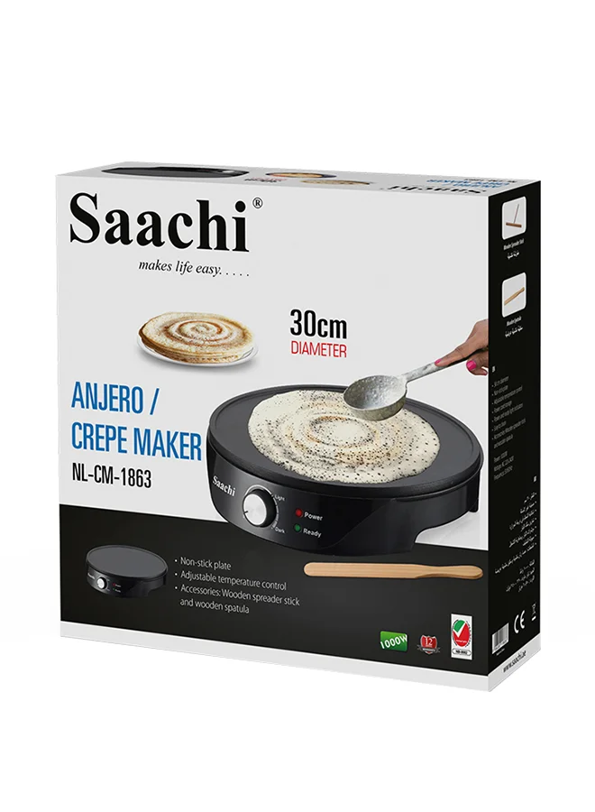 Saachi Anjero / Crepe Maker with Adjustable Temperature Control, Accessories include Wooden Spreader Stick and Spatula 1000 W NL-CM-1863-BK Black