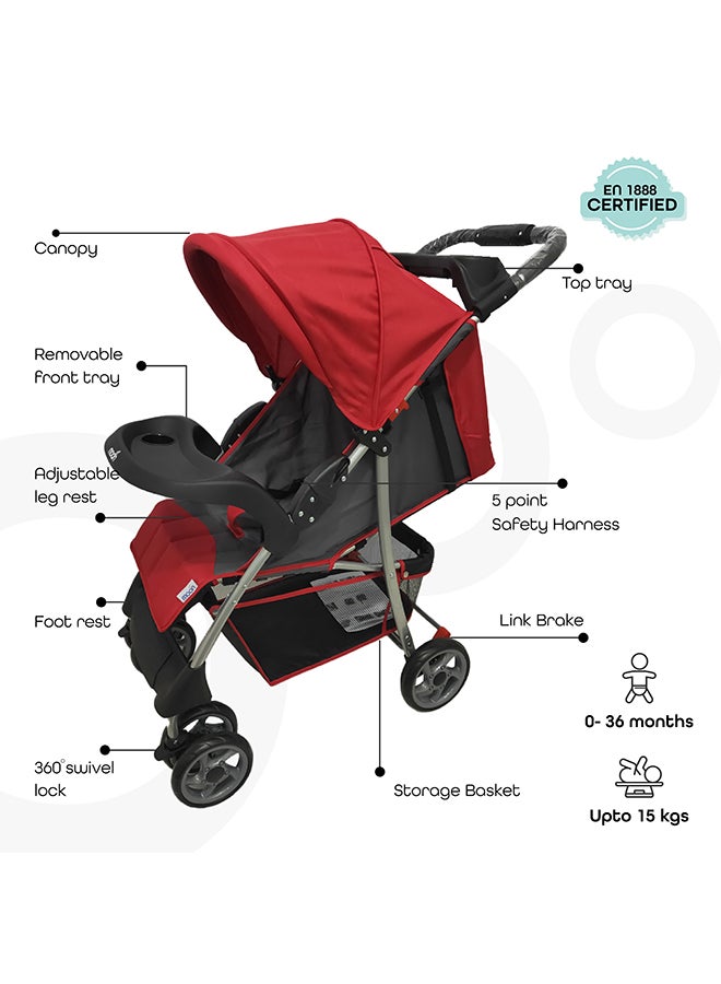 Moon - Easy  One Hand Fold Stroller, Multi-Postion Reclining Seat For Infant -Fire Red - Image 1