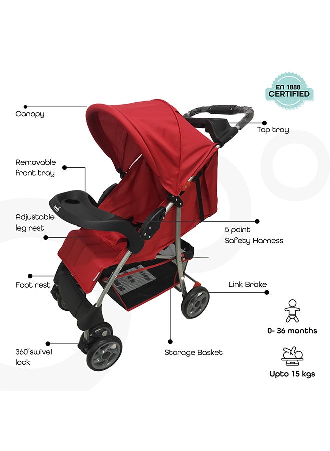 Moon Easy  One Hand Fold Stroller, Multi-Postion Reclining Seat For Infant -Red Melange  - Image 2