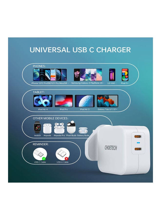 Dual USB-C Charger For Apple/Samsung/Huawei/Mi/Xiaomi/Oppo/Vivo White