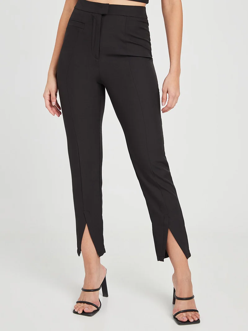 Closet By Styli Solid Pattern Crop Blouse And Split Hem Trouser Set Black