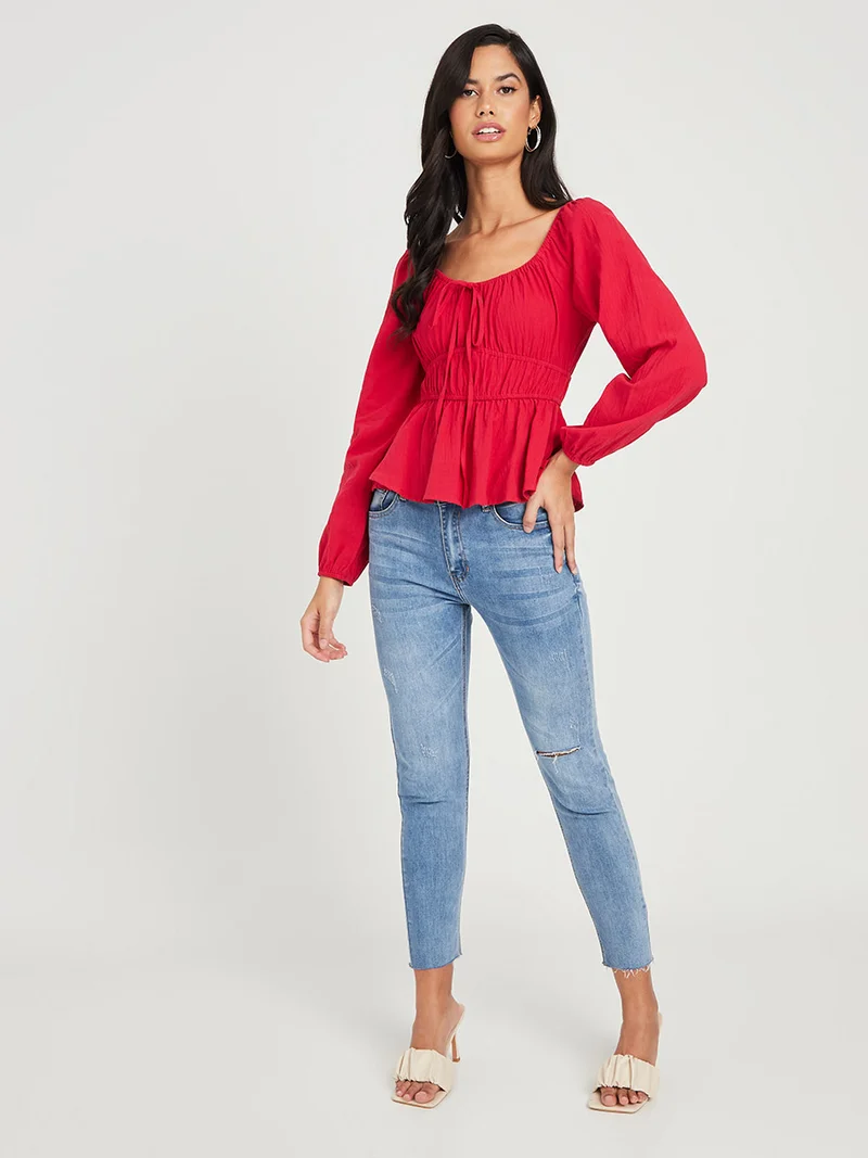 Closet By Styli Peasant Style Tie Detail Woven Blouse Red