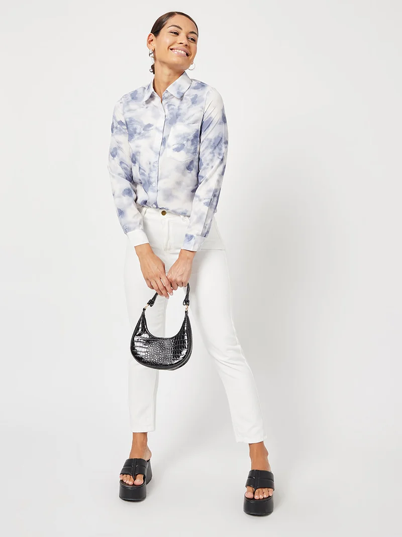 Closet By Styli Tie-Dye Pattern Woven Regular Fit Shirt Blue/White