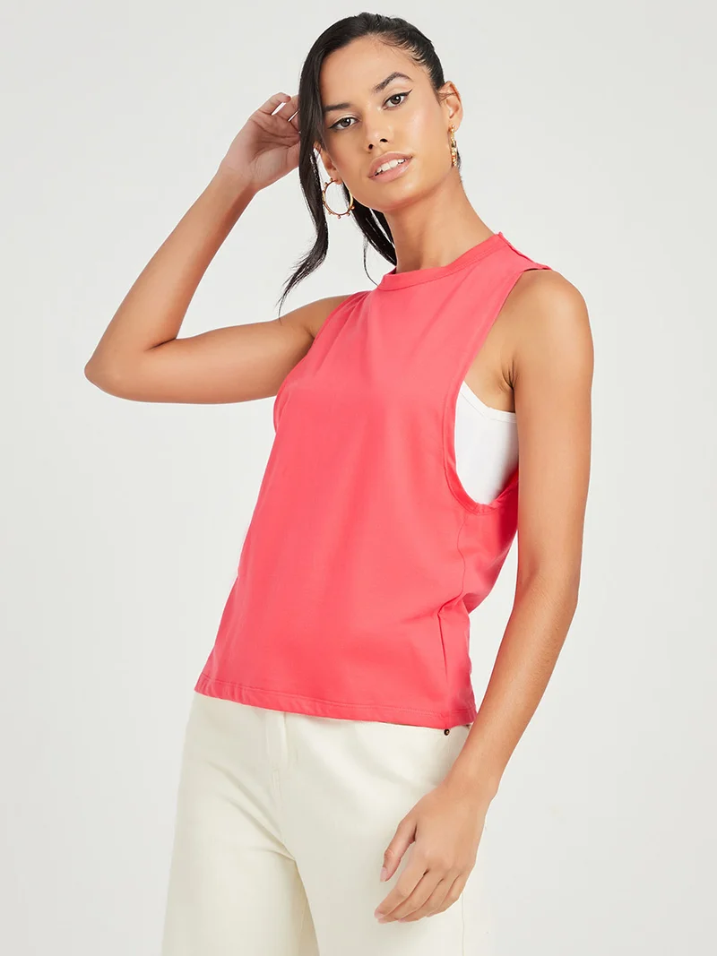 La Intimo Solid Pattern Sleeveless Regular Fit T-Shirt Pink/White