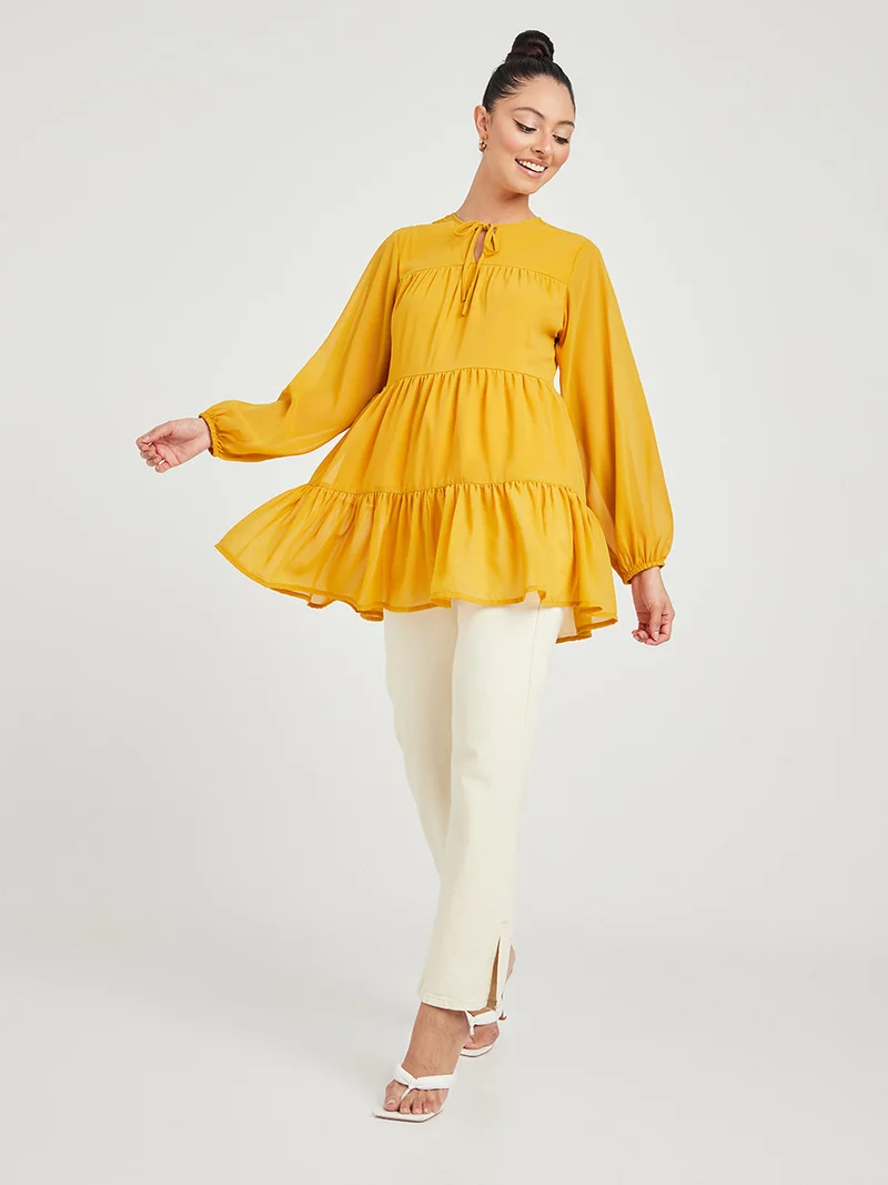 Closet By Styli Solid Pattern Long Sleeve Tiered Longline Tunic Mustard